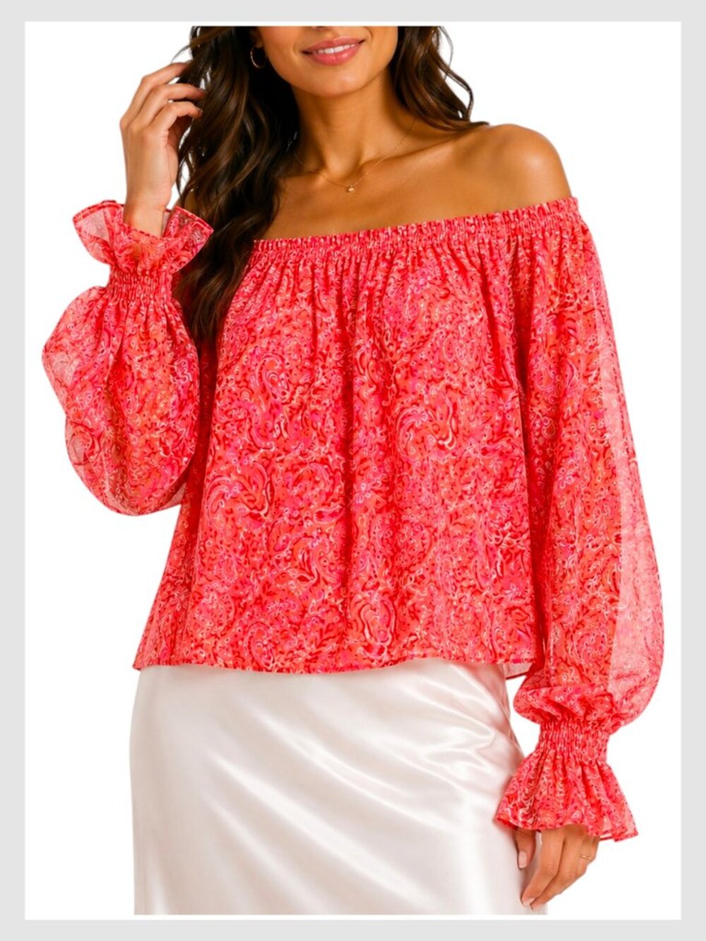 Ramy Brook Off Shoulder Blouse Coral Paisley Ruffle Sleeve S